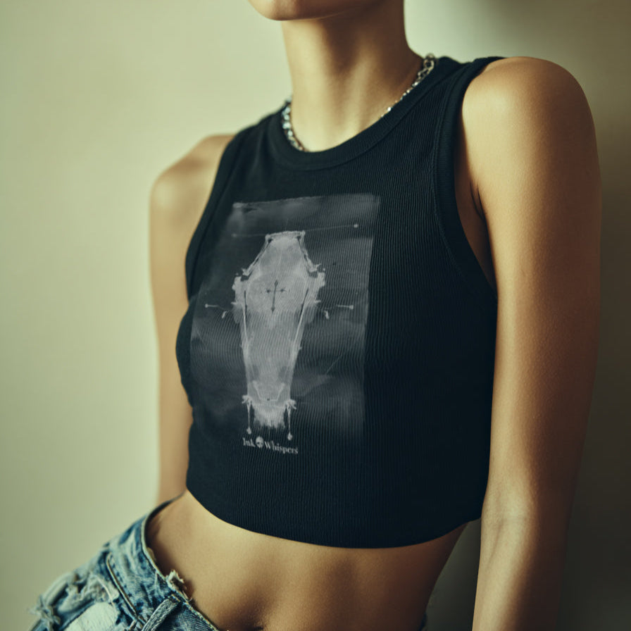 Woman wearing a black tank top with a graphic design and sunglasses against a plain background