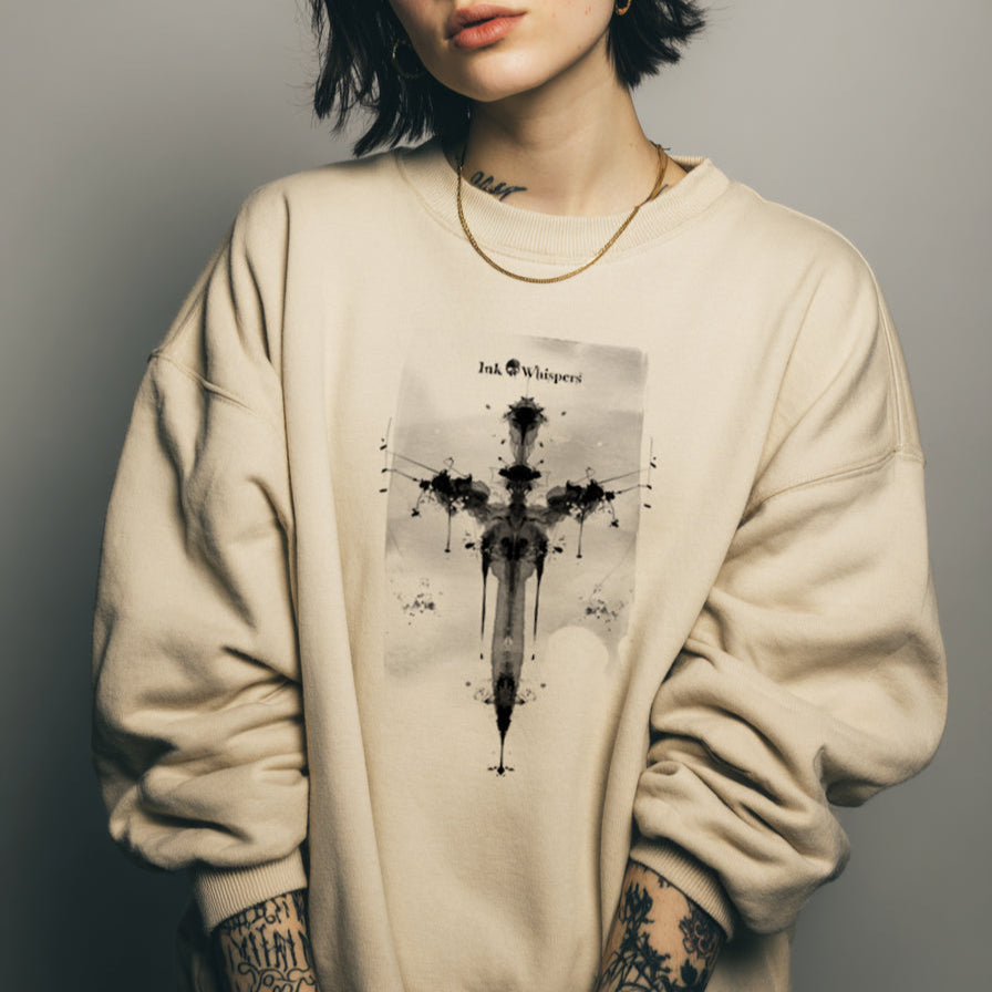 Person wearing a beige sweatshirt with a graphic design on a plain background