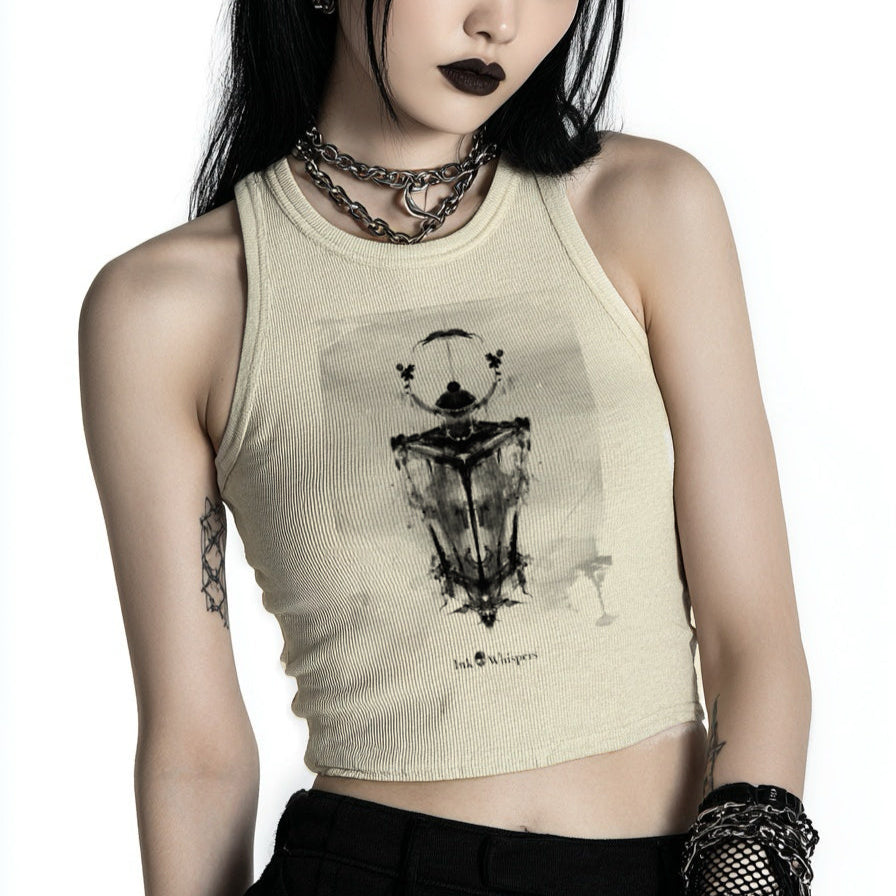 Woman wearing a beige tank top with a graphic design on a white background