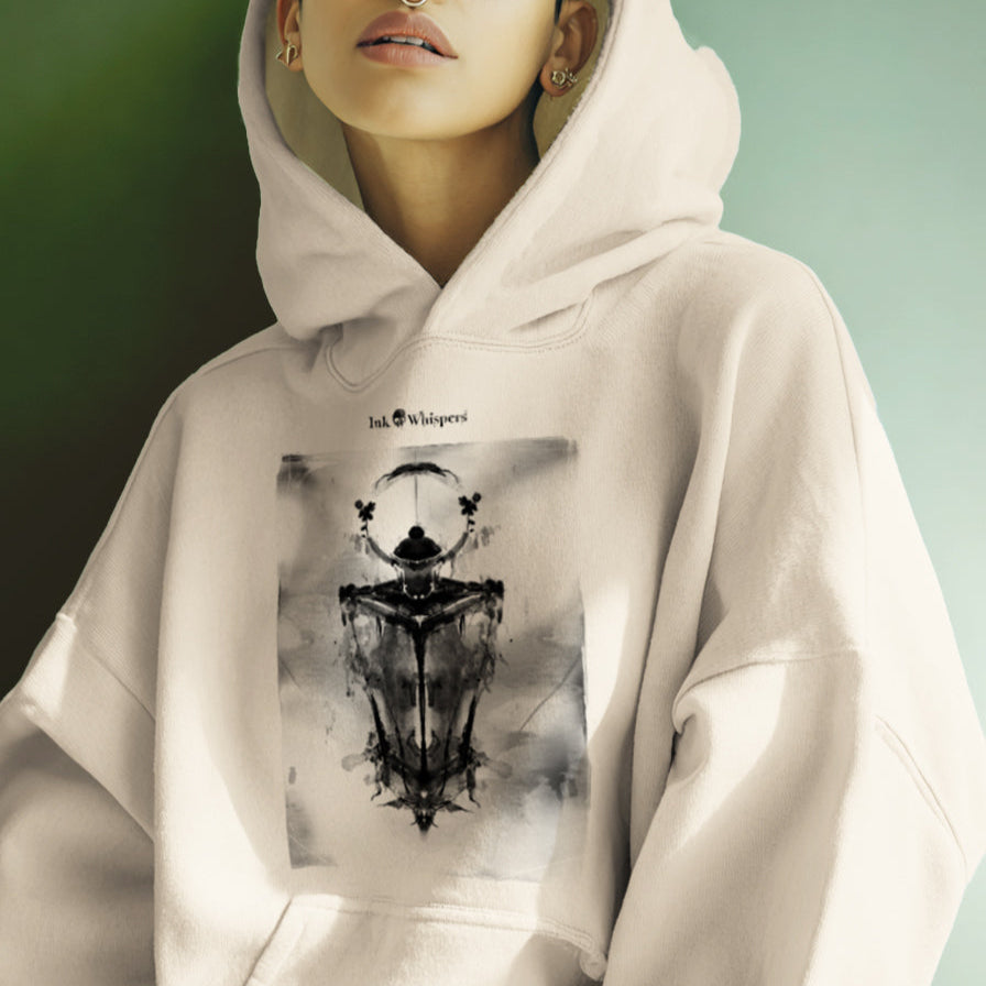 Person wearing a light gray hoodie with a black and white graphic design on a gradient background