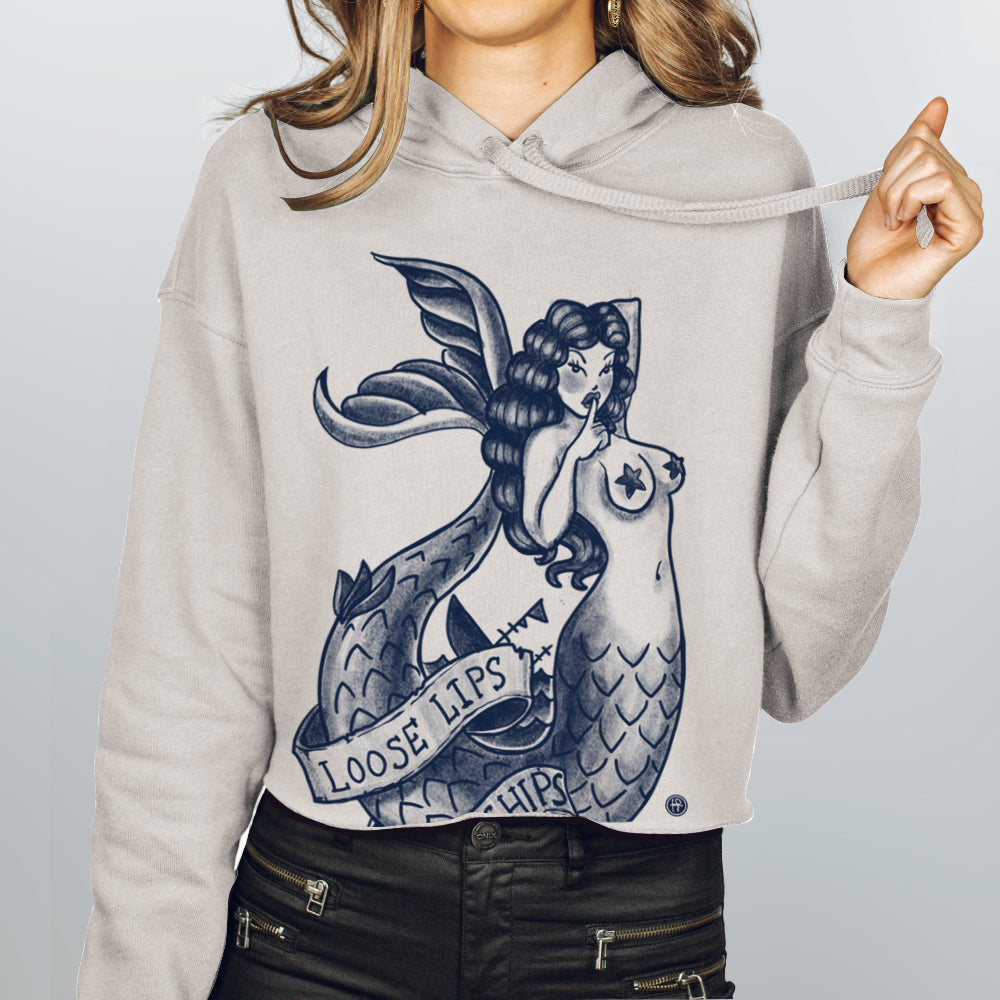 Navy Mermaid: Loose Lips Sink Ships Women's Crop Hoodie