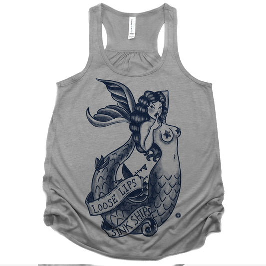 Navy Mermaid: Loose Lips Sink Ships Tank Top