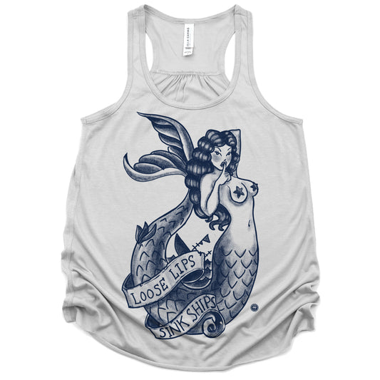 Navy Mermaid: Loose Lips Sink Ships Tank Top