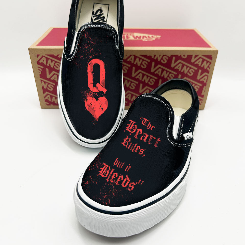 Queen of Hearts Distressed: Reign of Chaos Vans Slip ons