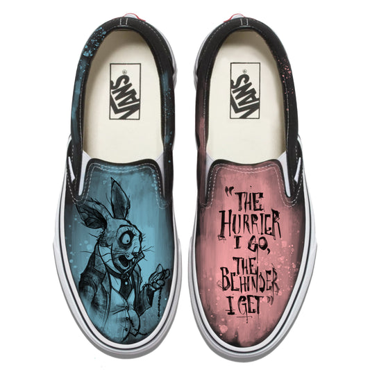 White Rabbit Quote: Timeless Paranoia Vans Slip ons