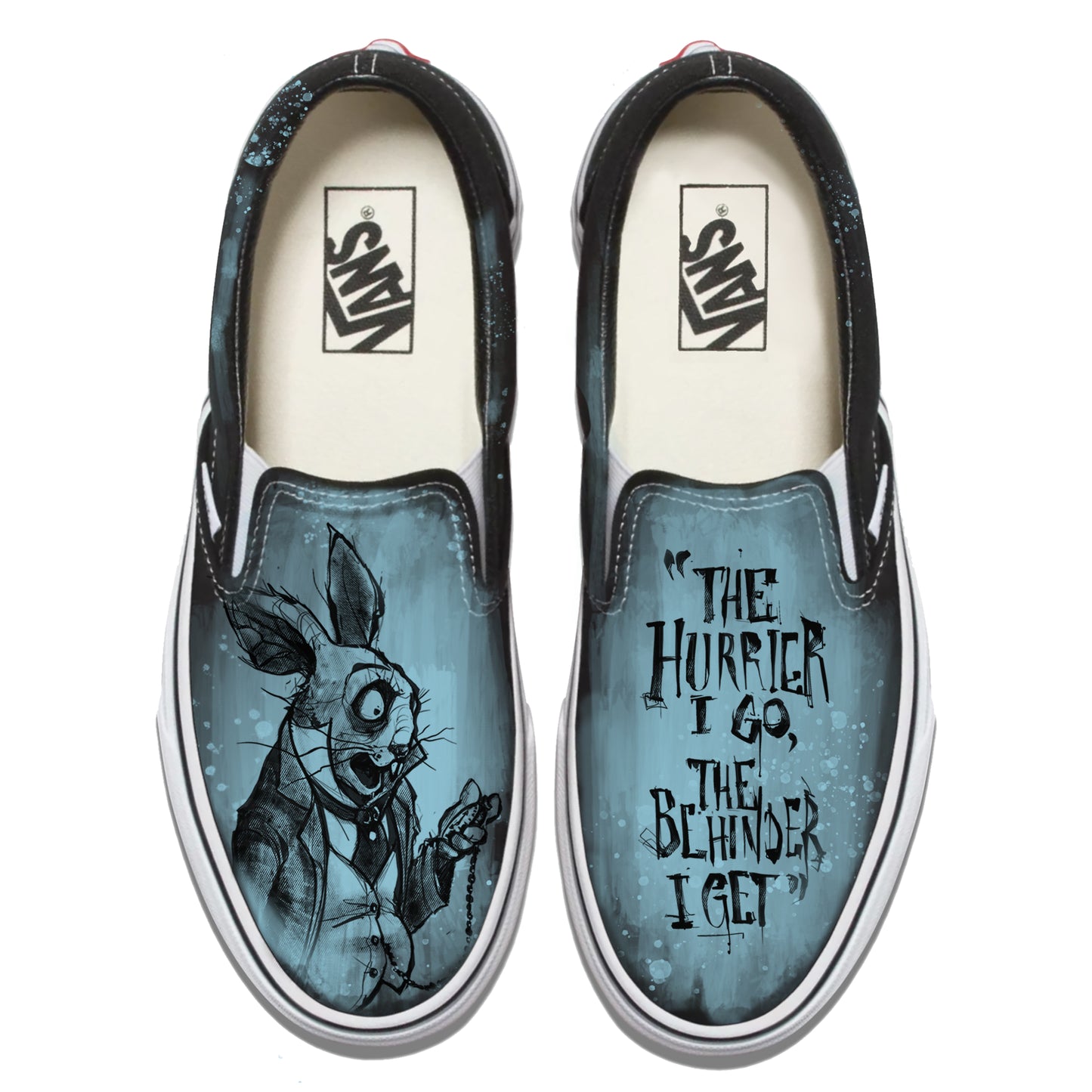 White Rabbit Quote: Timeless Paranoia Vans Slip ons