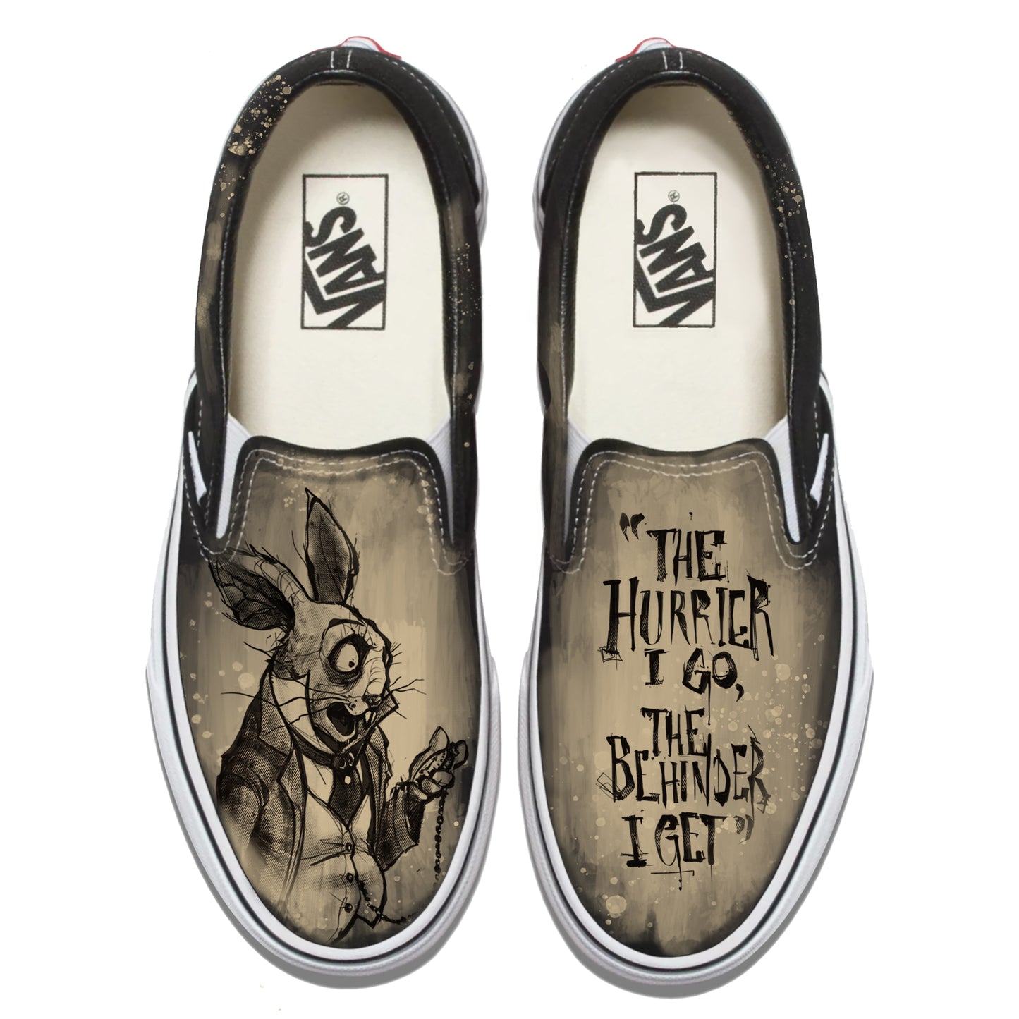White Rabbit Quote: Timeless Paranoia Vans Slip ons
