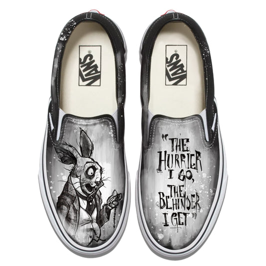 White Rabbit Quote: Timeless Paranoia Vans Slip ons