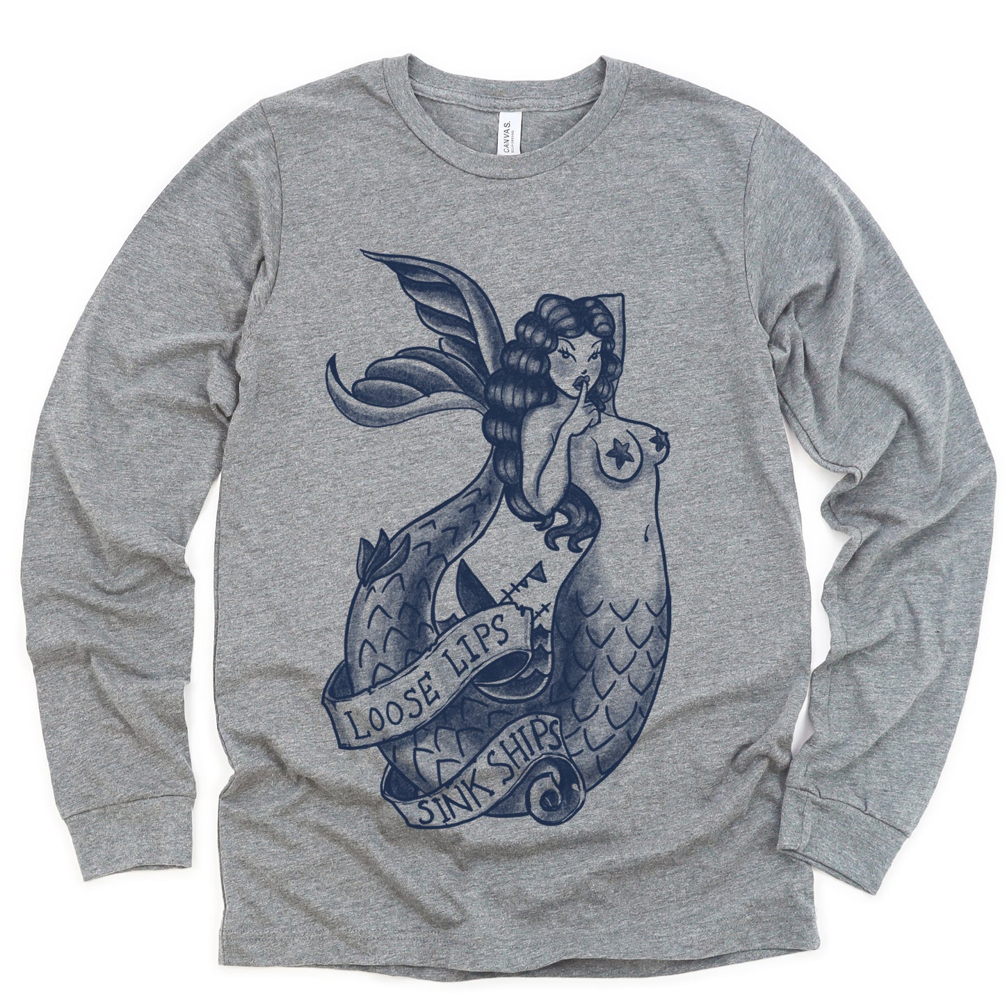 Navy Mermaid Long Sleeve T-shirt: Loose Lips Sink Ships