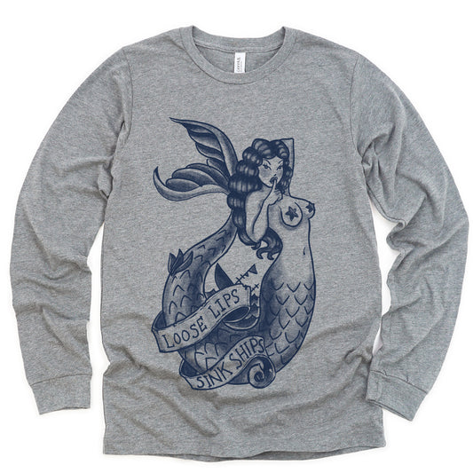Navy Mermaid Long Sleeve T-shirt: Loose Lips Sink Ships