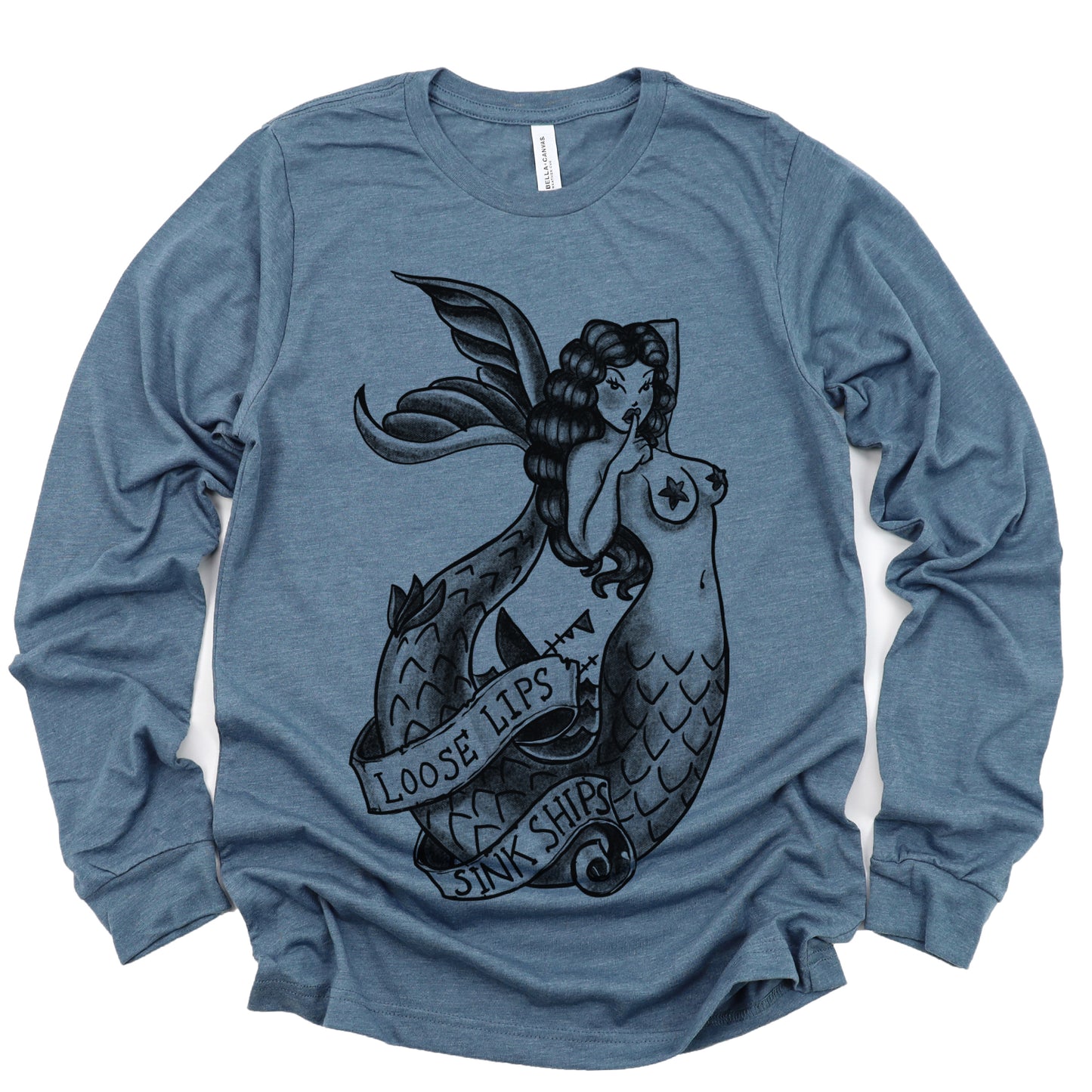 Navy Mermaid Long Sleeve T-shirt: Loose Lips Sink Ships