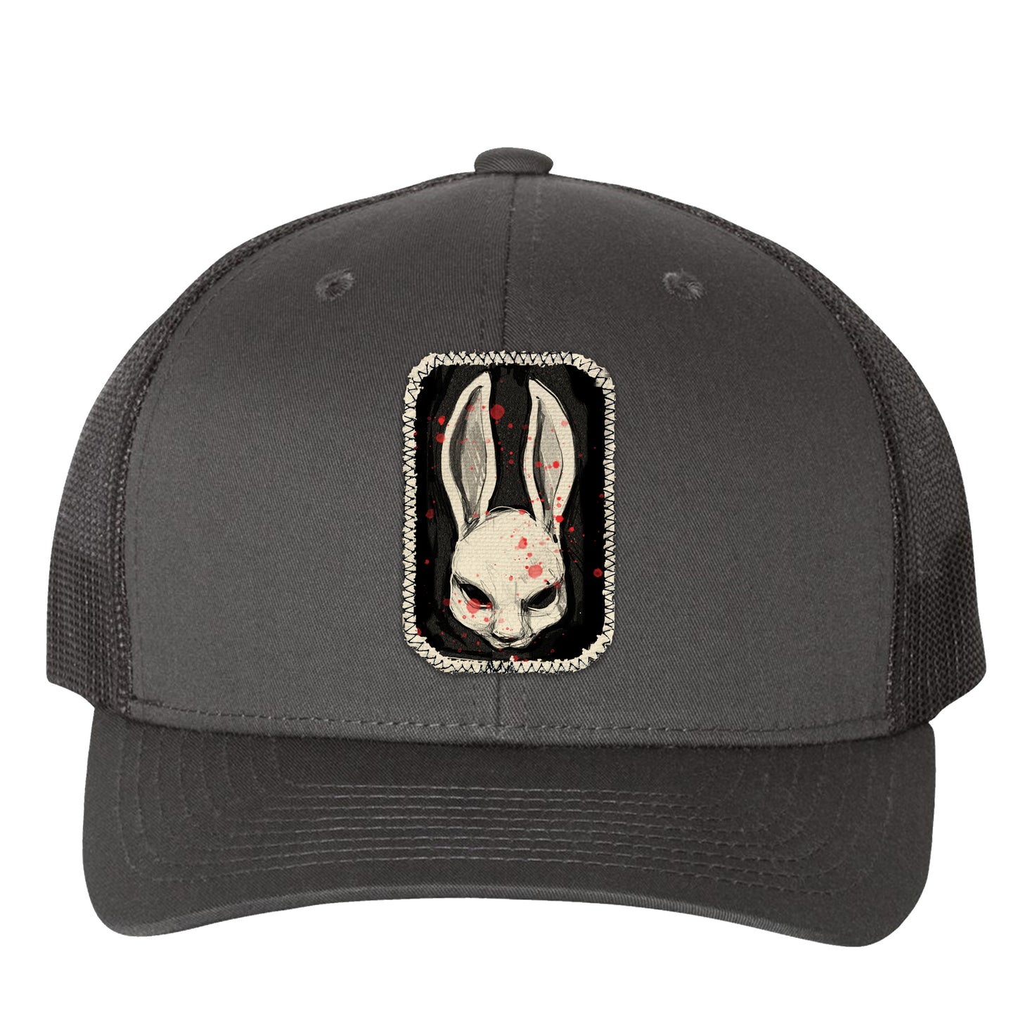 Bunny Stamp: A Whimsical Masked Rabbit Trucker Hat