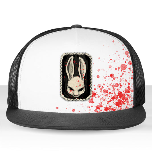 Bunny Stamp: A Whimsical Masked Rabbit Trucker Hat
