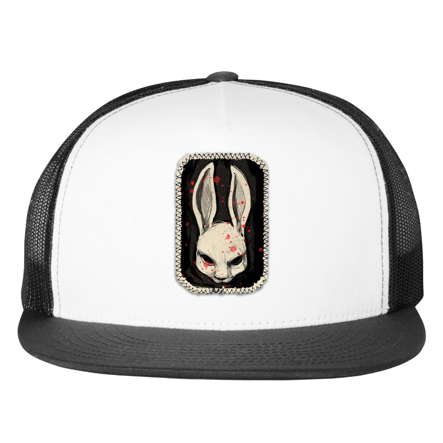 Bunny Stamp: A Whimsical Masked Rabbit Trucker Hat