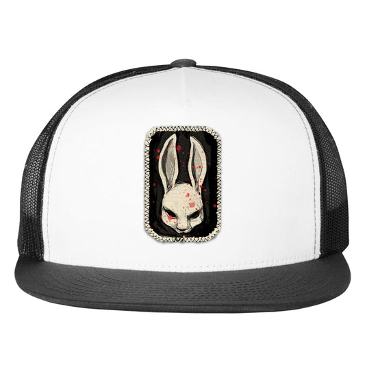 Bunny Stamp: A Whimsical Masked Rabbit Trucker Hat