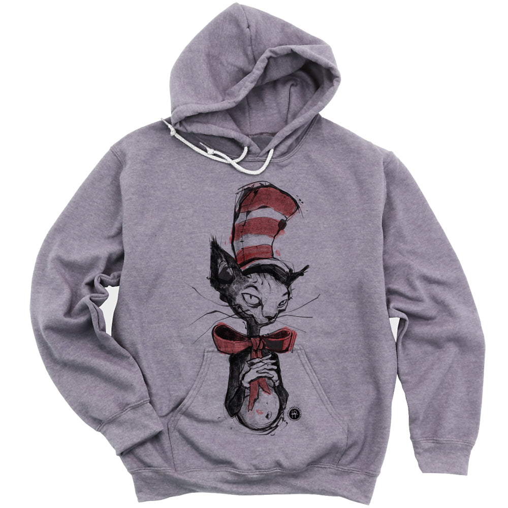 FabCreates Kitty in The Hat Whimsical Revived Hoodie S Heather Dust Black Red Wash