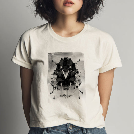 Person wearing a white t-shirt with a black and white graphic design on a gray background