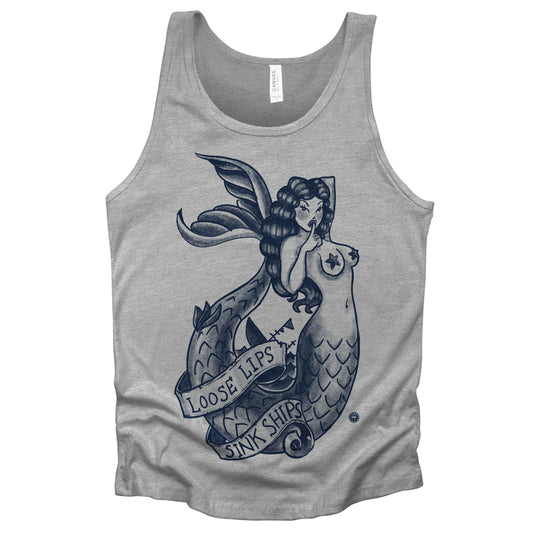 Navy Mermaid: Loose Lips Sink Ships Tank Top