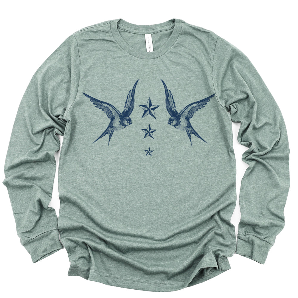 Navy Swallow Birds: A Tribute to Vintage Naval Tattoos Long Sleeve Tee