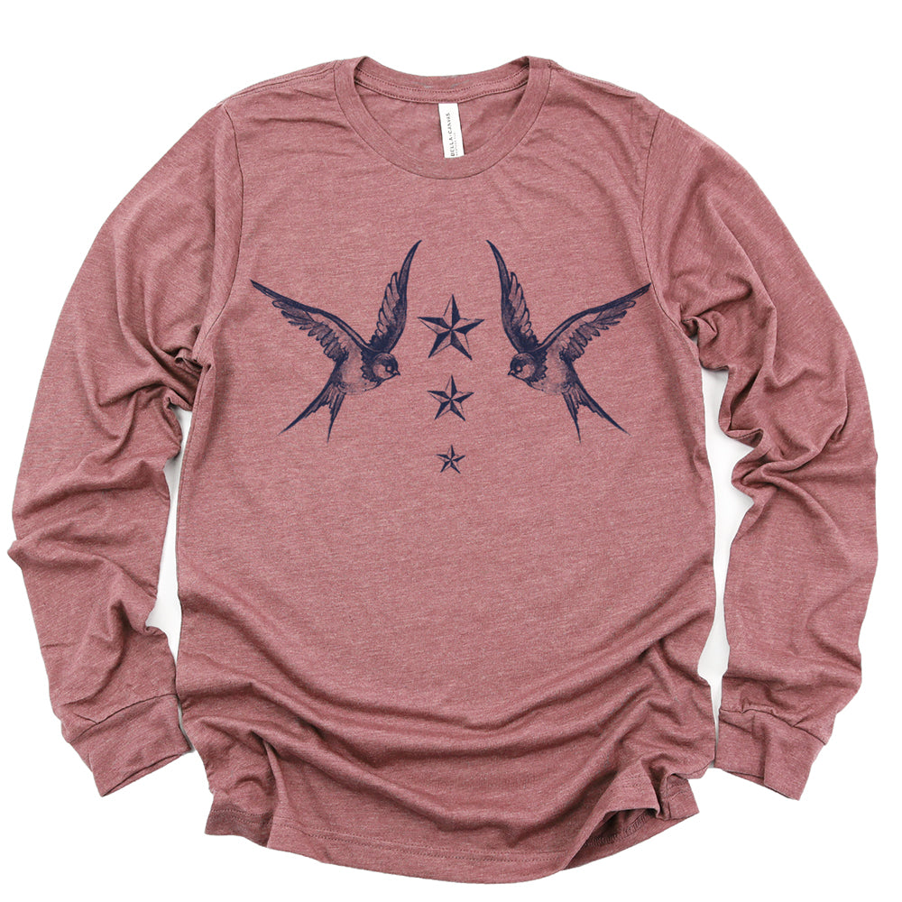 Navy Swallow Birds: A Tribute to Vintage Naval Tattoos Long Sleeve Tee