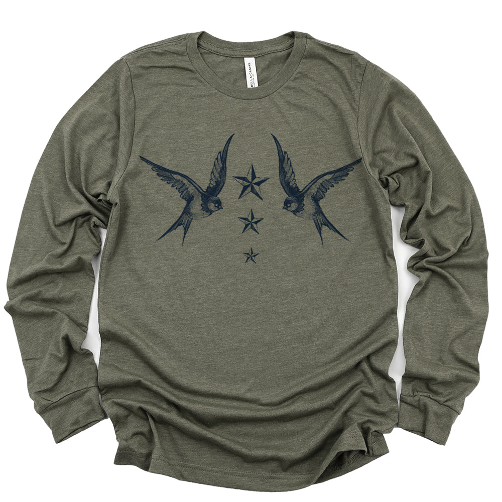Navy Swallow Birds: A Tribute to Vintage Naval Tattoos Long Sleeve Tee