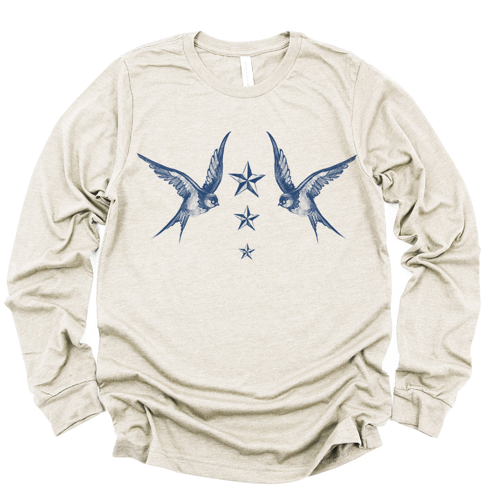 Navy Swallow Birds: A Tribute to Vintage Naval Tattoos Long Sleeve Tee