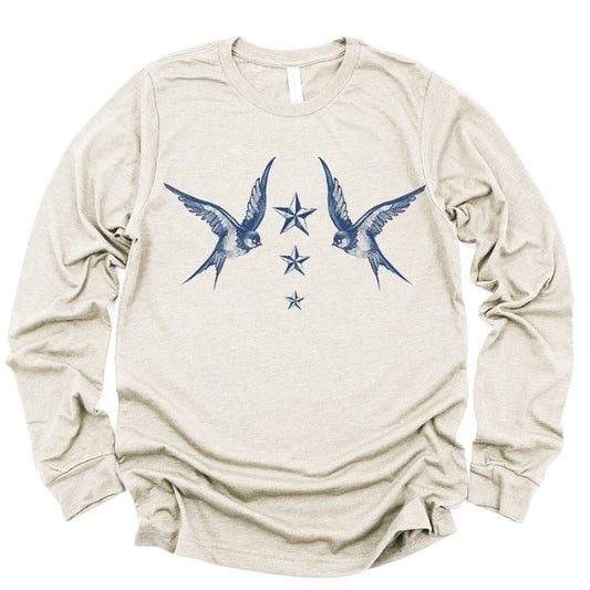 Navy Swallow Birds: A Tribute to Vintage Naval Tattoos Long Sleeve Tee