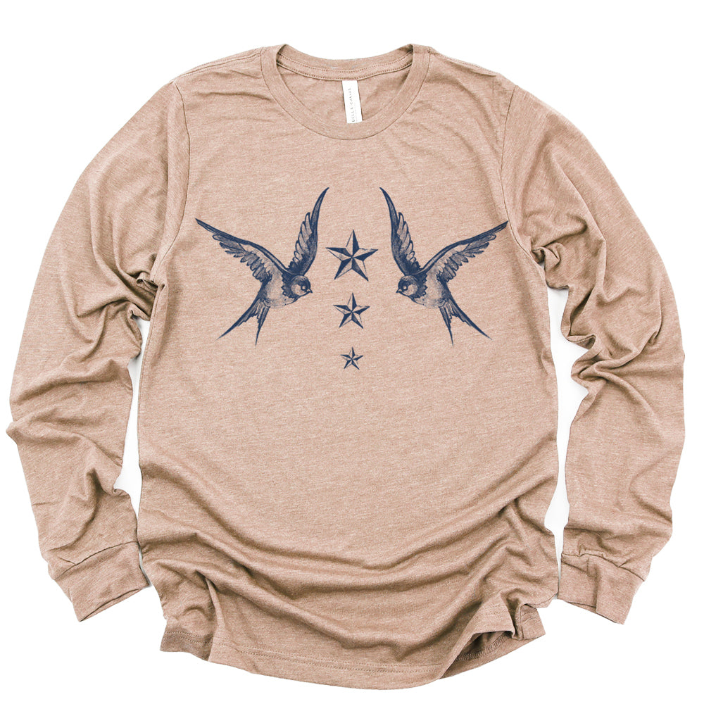 Navy Swallow Birds: A Tribute to Vintage Naval Tattoos Long Sleeve Tee