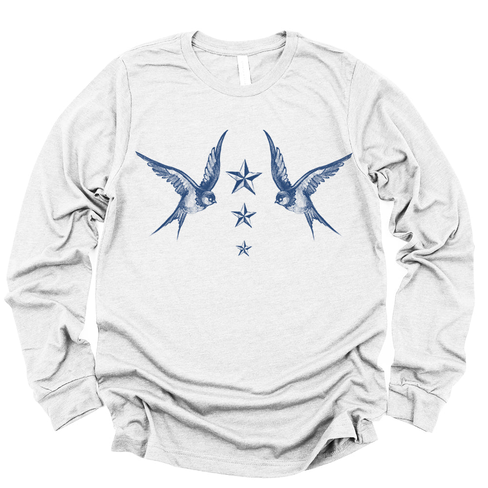 Navy Swallow Birds: A Tribute to Vintage Naval Tattoos Long Sleeve Tee