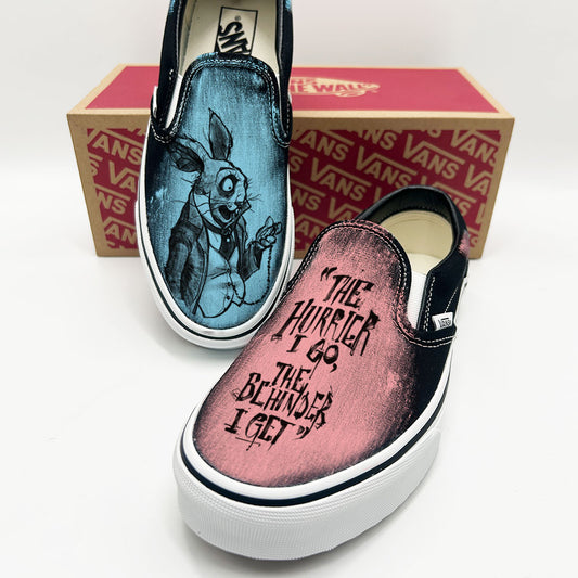 White Rabbit Quote: Timeless Paranoia Vans Slip ons
