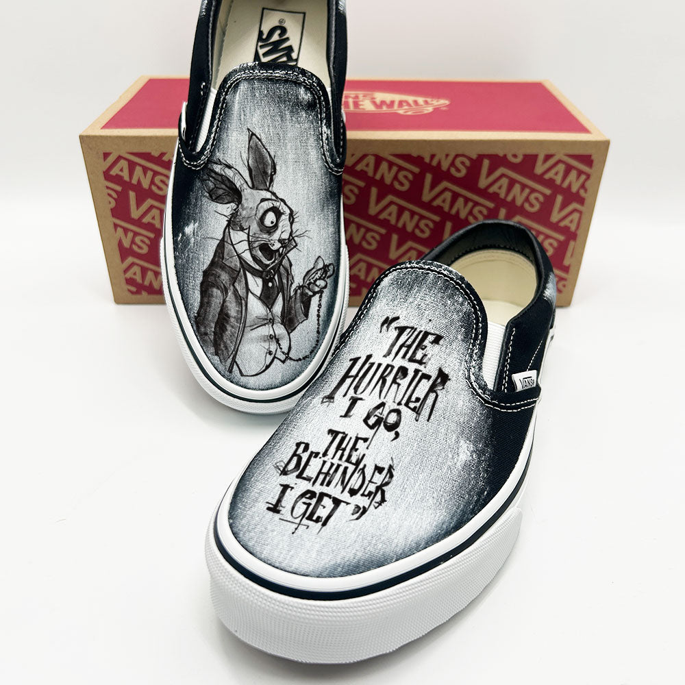 White Rabbit Quote: Timeless Paranoia Vans Slip ons