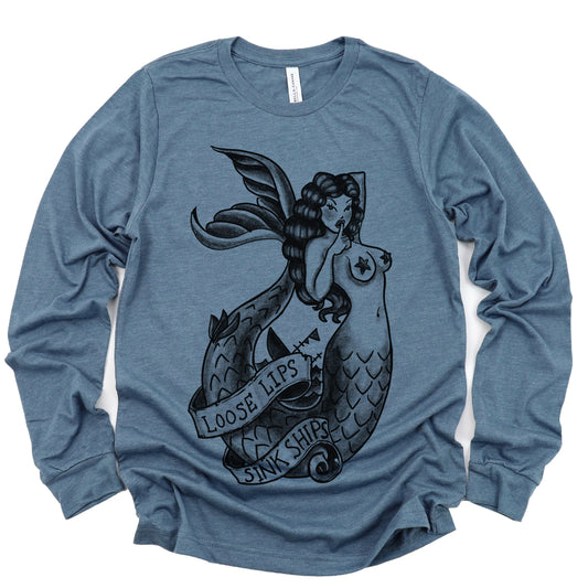 Navy Mermaid Long Sleeve T-shirt: Loose Lips Sink Ships