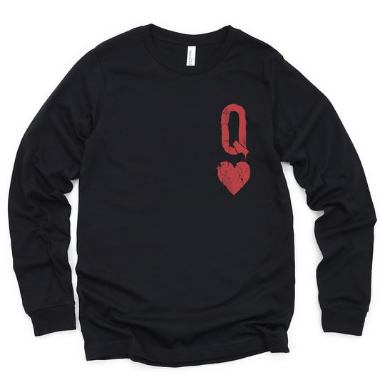 Queen of Hearts Distressed Custom Print Long Sleeve T-Shirt
